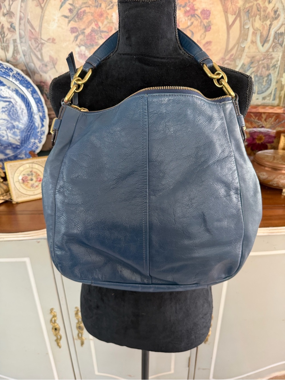 Coach Navy Leather Logo Patch with Light Blue Fabric - Picture 2 of 6